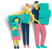 Illustration of a family moving house and carrying moving boxes