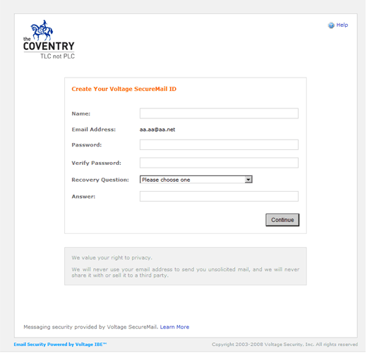 Sample of secure mail screen