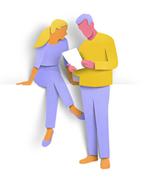 Illustration of a man and woman looking at a piece of paper