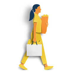 Illustration of a woman walking with groceries