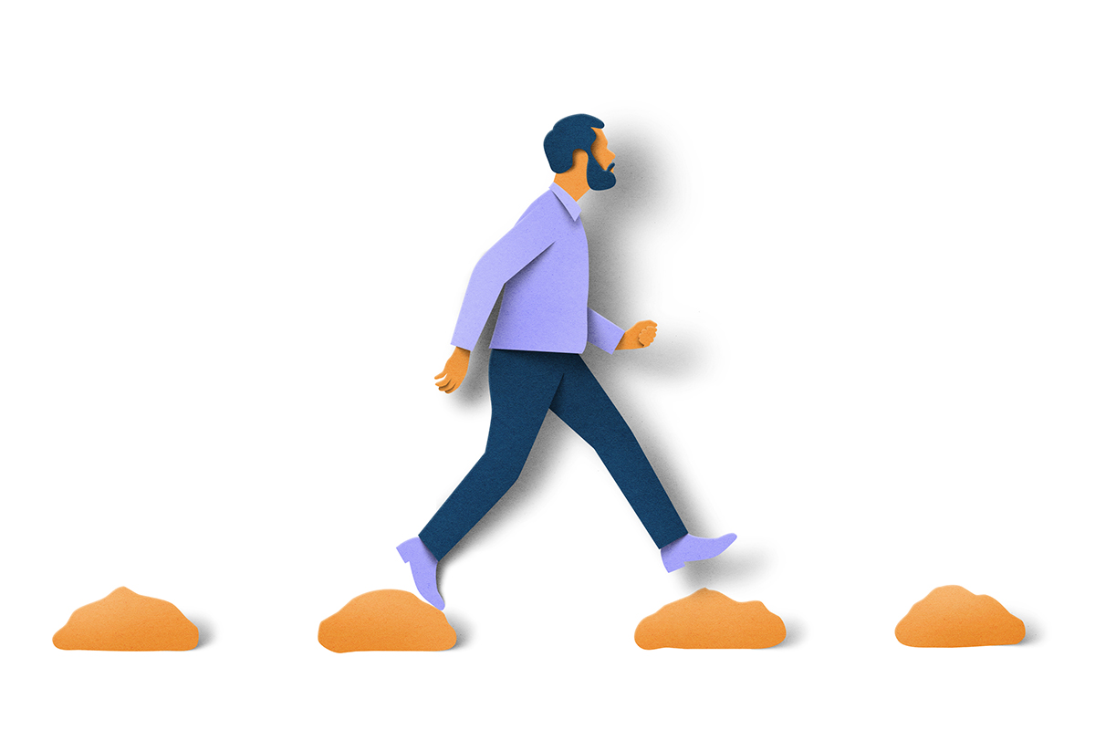 Illustration of a man walking across stepping stones