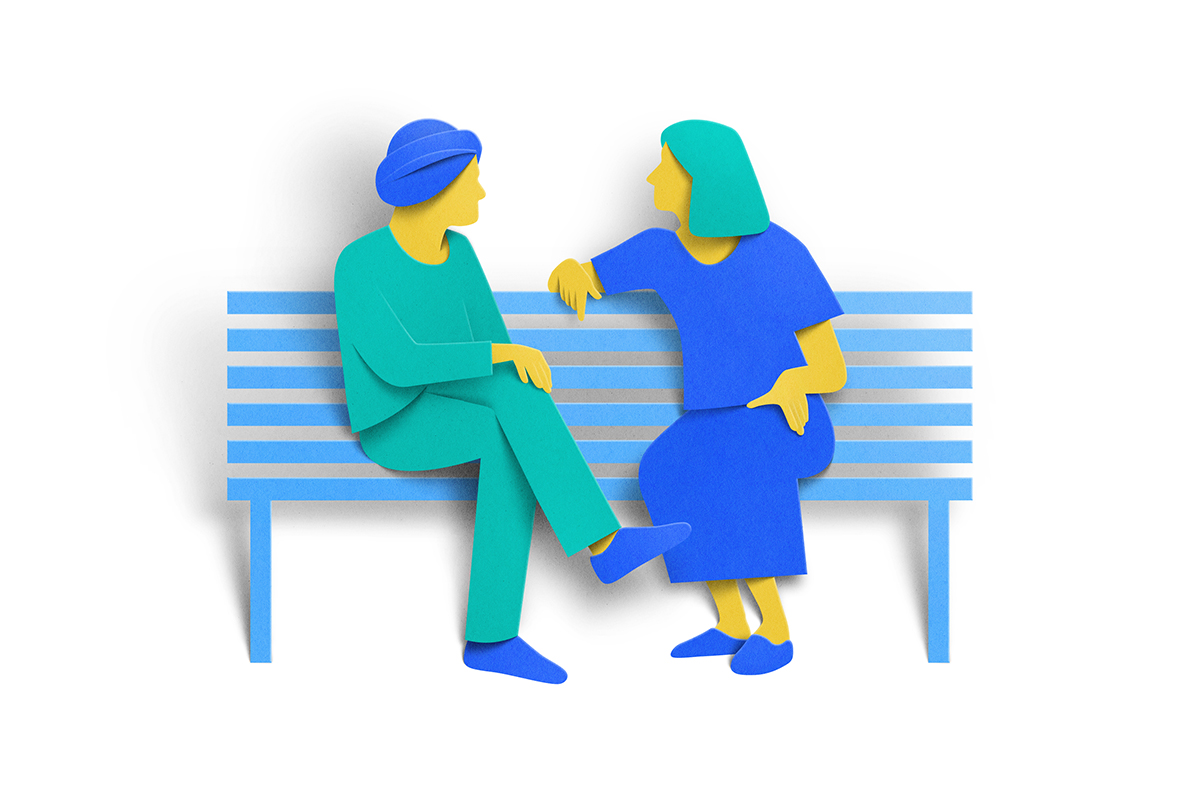 Illustration of a people talking on a bench