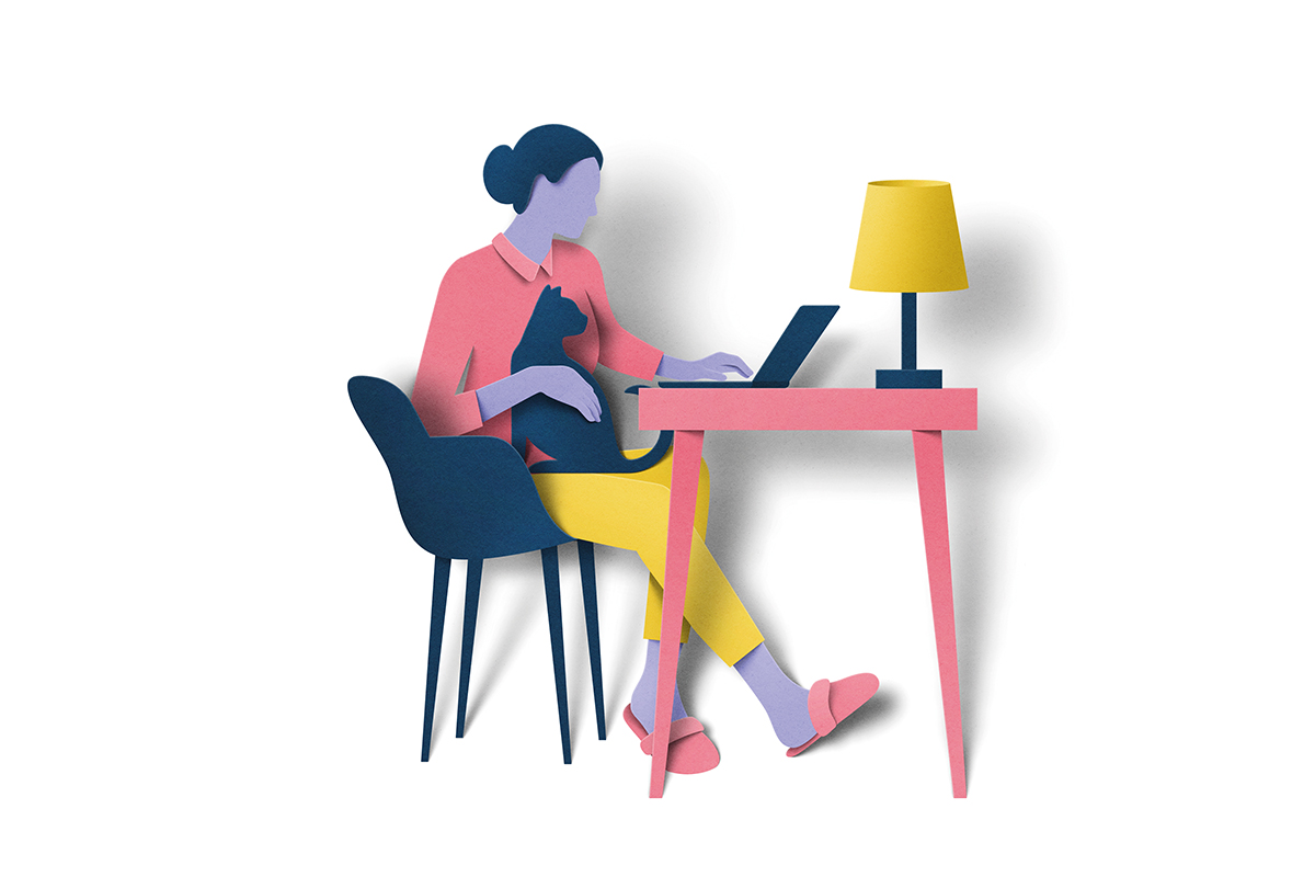Illustration of a woman sitting at a desk browsing on a laptop
