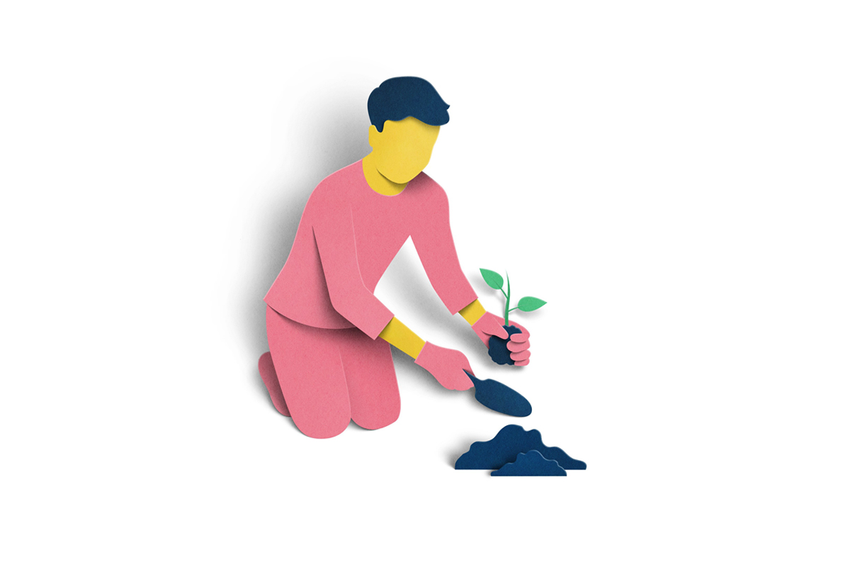 Illustration of a person gardening and planting a seed