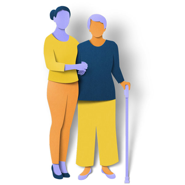 Lady supporting older person with stick