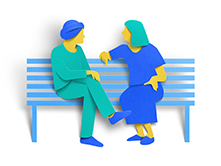 Illustration of two friends sat talking on a blue bench