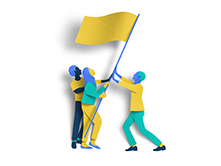 illustration of three people trying to hold up a large yellow flag