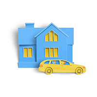 Illustration of a yellow car parked outside of a blue house