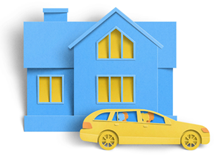 Illustration of a yellow car parked outside of a blue house