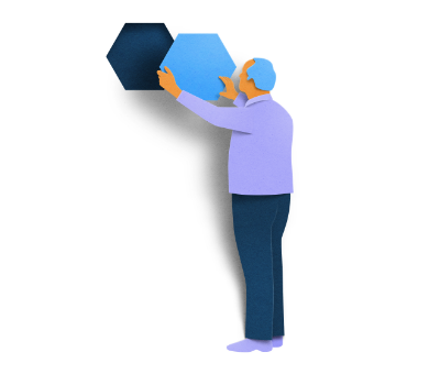 Illustration of a man fitting a hexagon puzzle piece