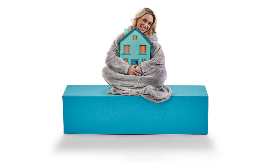 Image of a woman in a dressing gown hugging a house