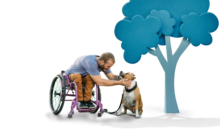   Man with his dog by a tree